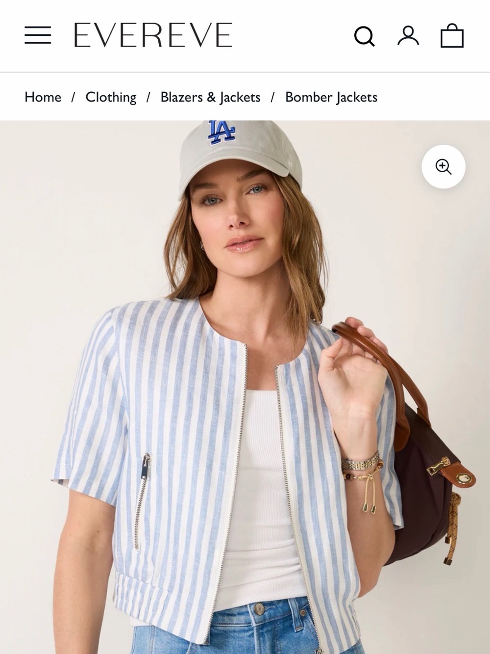 Evereve Blue & White Striped Short Sleeve Bomber